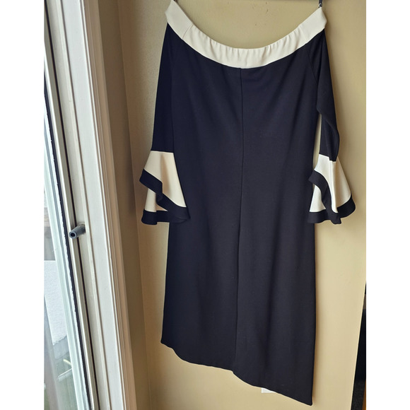 Hilary Radley Off-the-Shoulder Bell Sleeve Dress Large Black White Party Modern - Picture 7 of 10